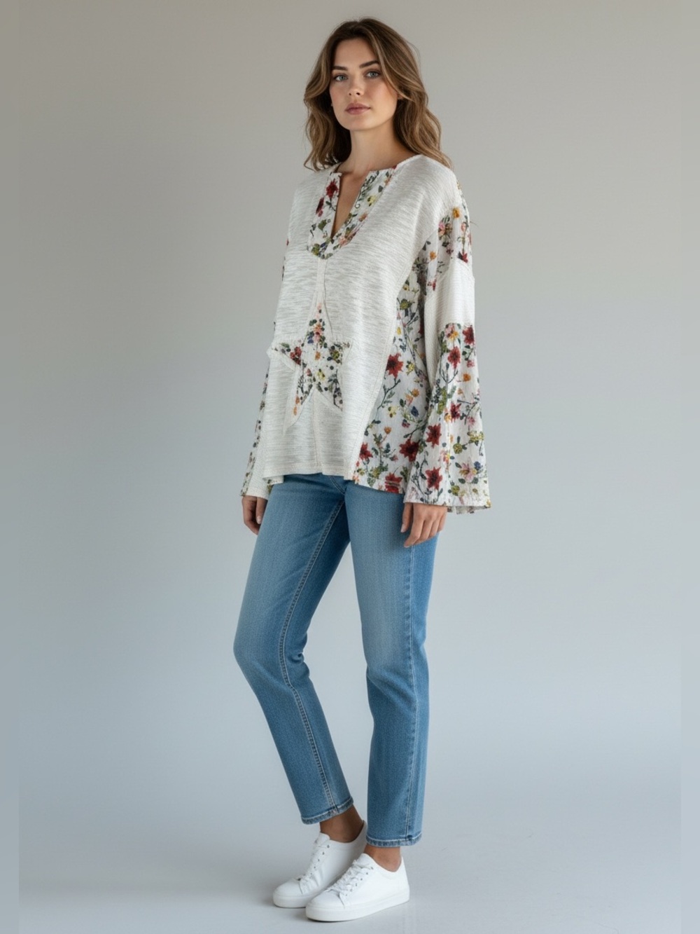 POL Multicolor Floral V-Neck Oversized Slub Knit Star Patch Pull Over Top Size M - Picture 2 of 10